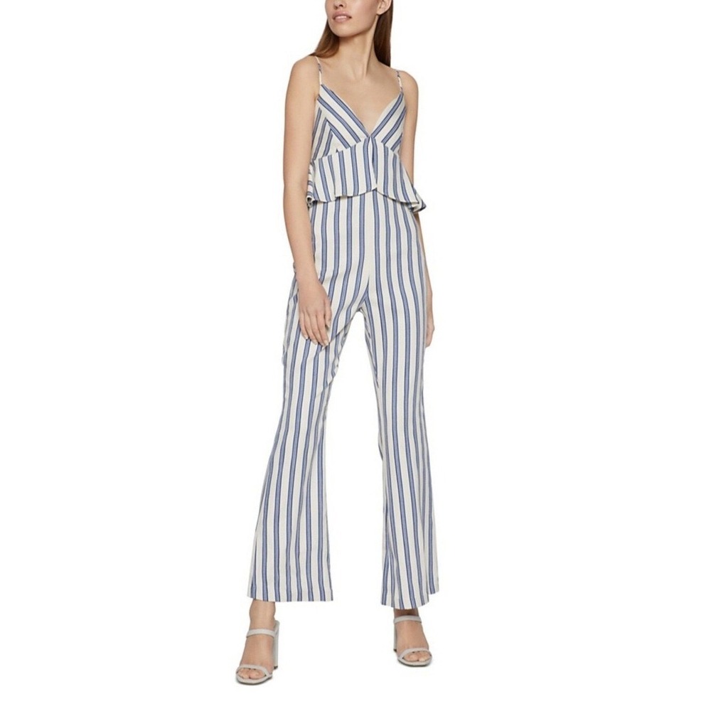 BCBGeneration Blue Cream Striped Peplum Wide Leg Jumpsuit Size 6 TRH9268520